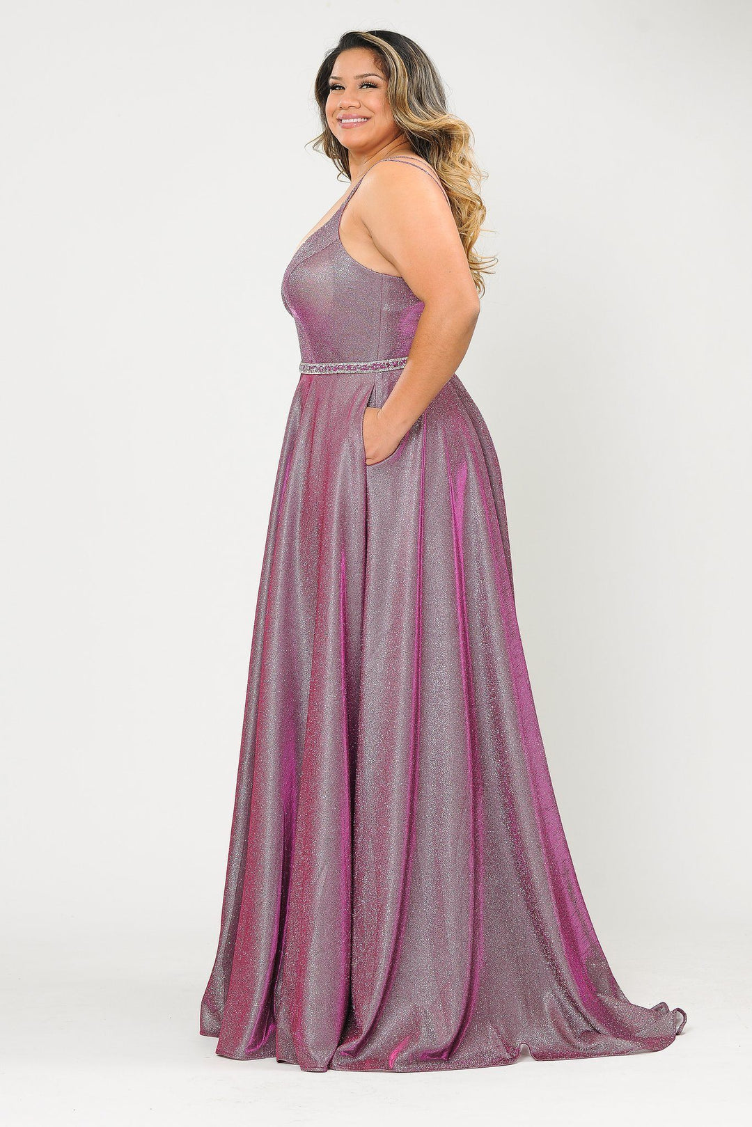 Plus Size Long V-Neck Metallic Glitter Dress by Poly USA W1048