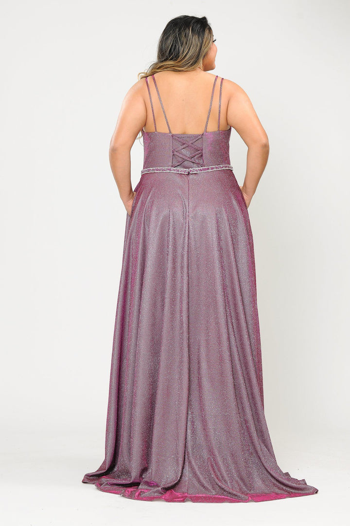 Plus Size Long V-Neck Metallic Glitter Dress by Poly USA W1048