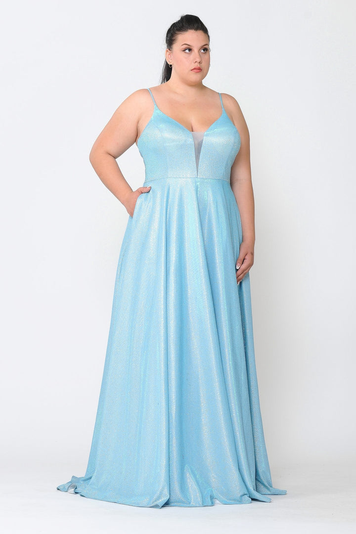 Plus Size Long V-Neck Metallic Glitter Dress by Poly USA W1048