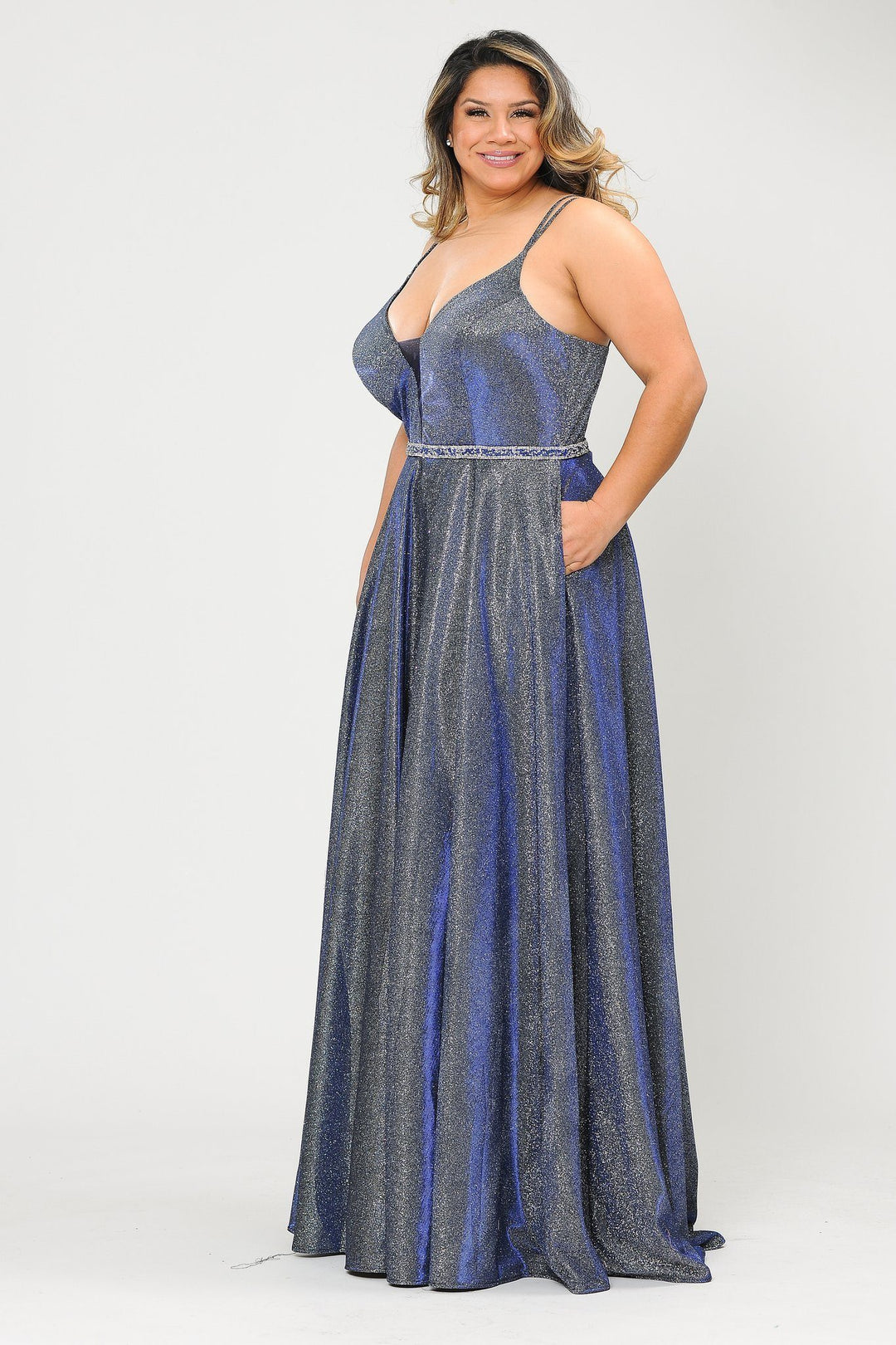 Plus Size Long V-Neck Metallic Glitter Dress by Poly USA W1048