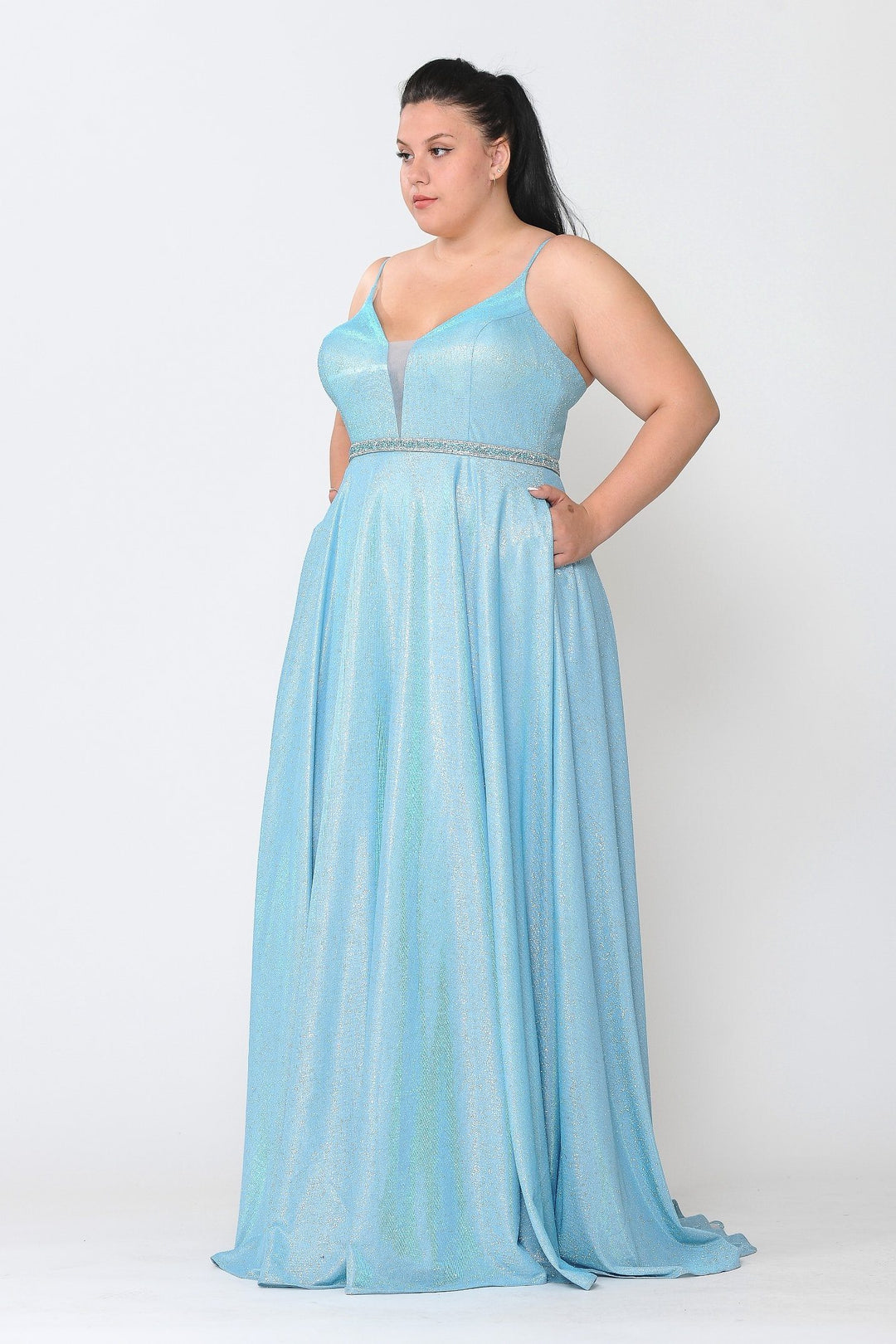 Plus Size Long V-Neck Metallic Glitter Dress by Poly USA W1048
