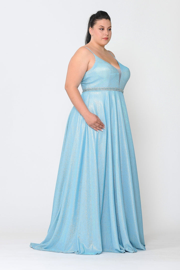 Plus Size Long V-Neck Metallic Glitter Dress by Poly USA W1048