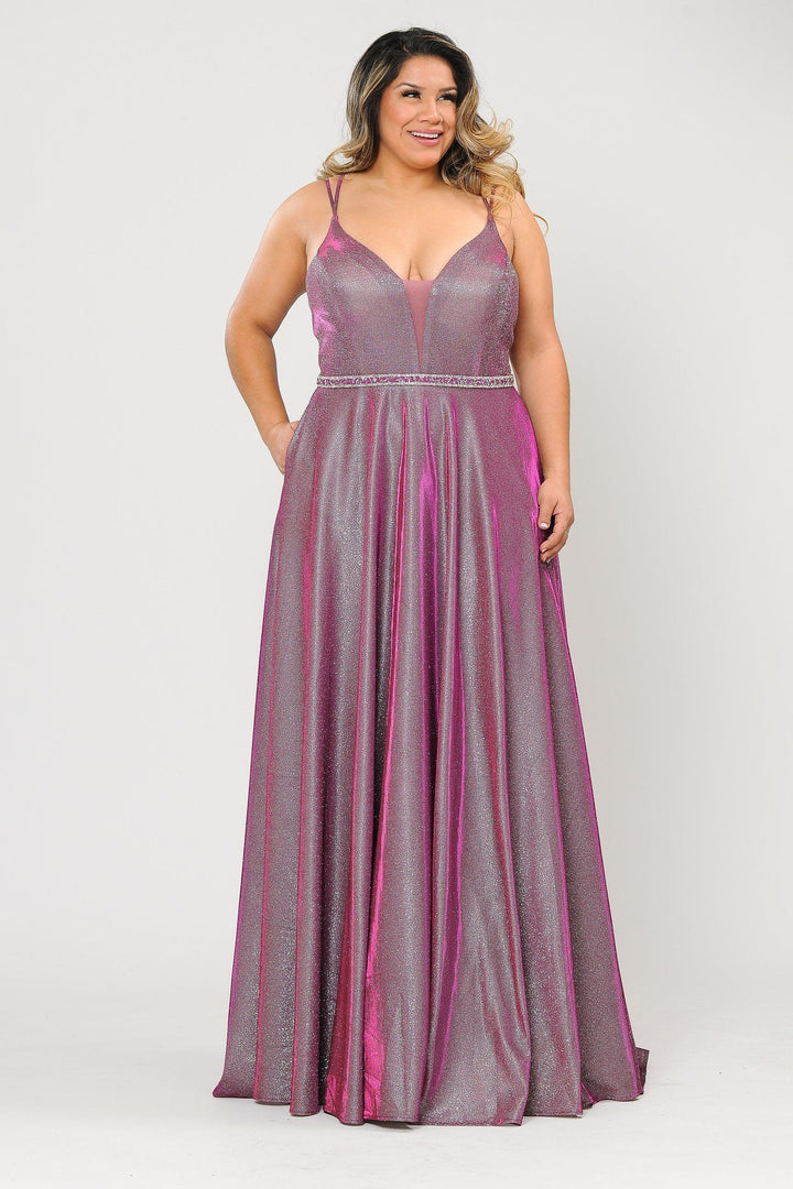 Plus Size Long V-Neck Metallic Glitter Dress by Poly USA W1048