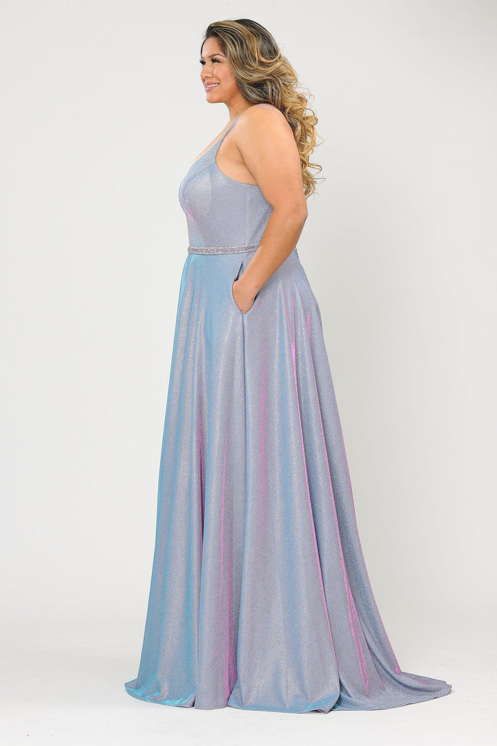 Plus Size Long V-Neck Metallic Glitter Dress by Poly USA W1048