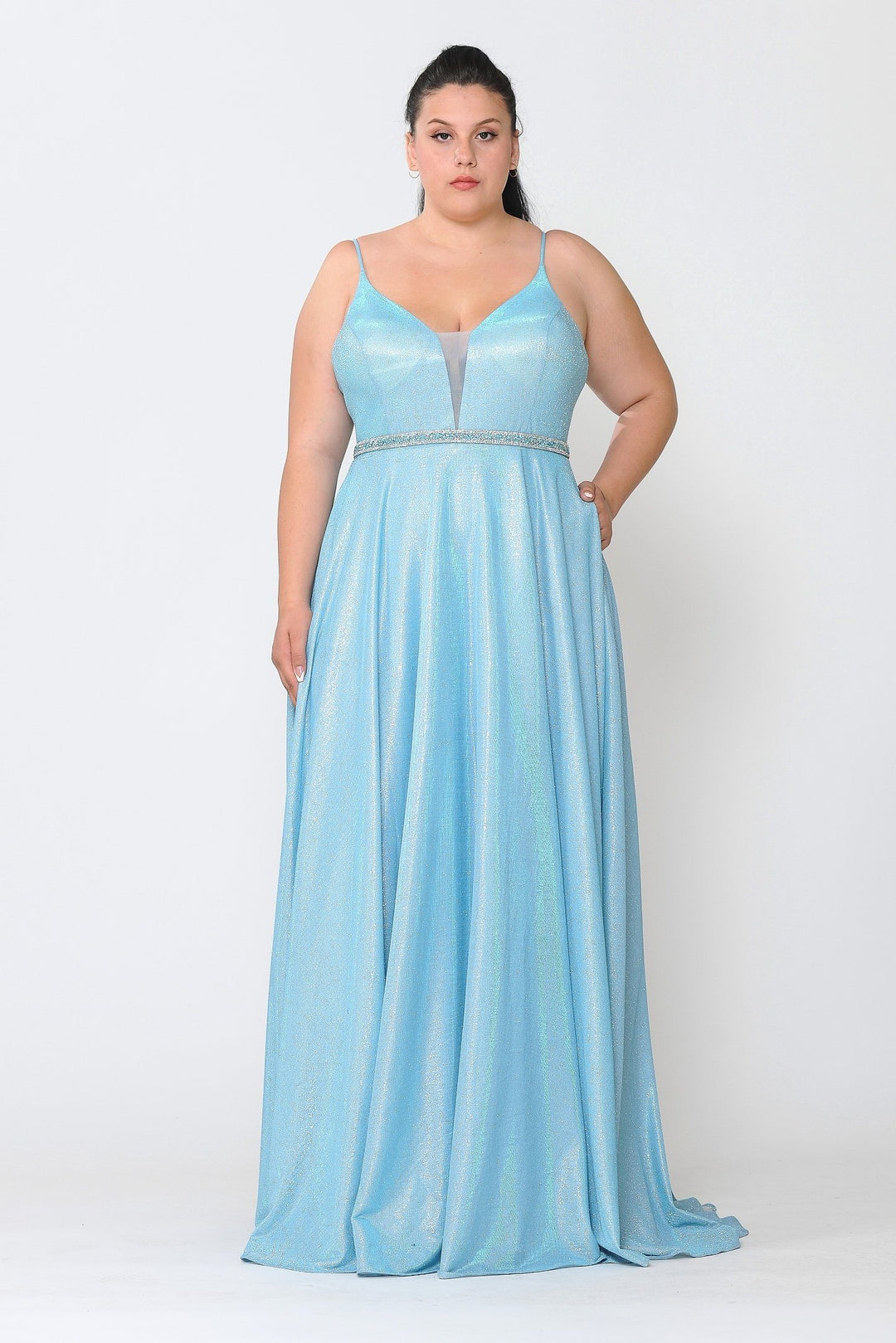 Plus Size Long V-Neck Metallic Glitter Dress by Poly USA W1048