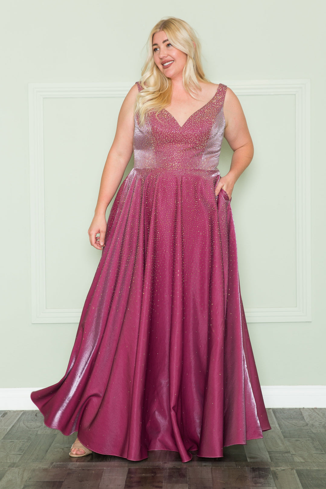 Plus Size Long V-Neck Rhinestone Dress by Poly USA W1110