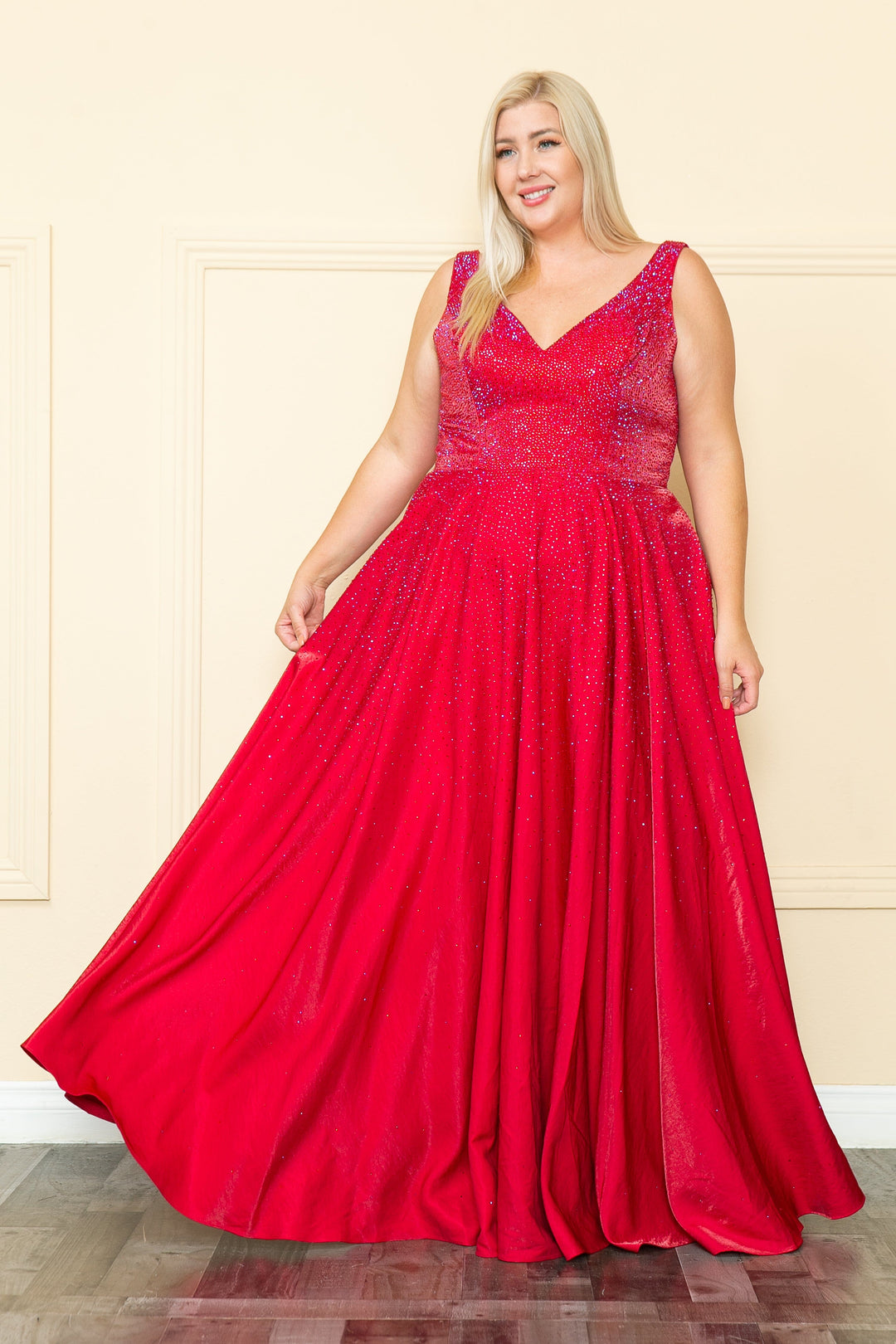 Plus Size Long V-Neck Rhinestone Dress by Poly USA W1110