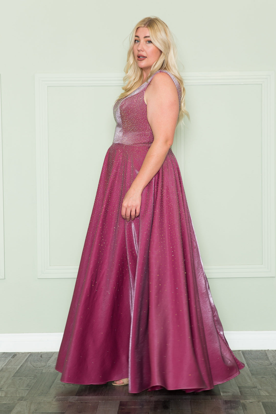 Plus Size Long V-Neck Rhinestone Dress by Poly USA W1110