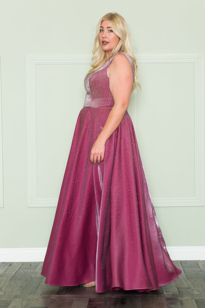 Plus Size Long V-Neck Rhinestone Dress by Poly USA W1110