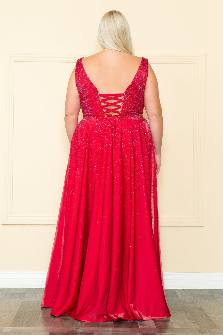 Plus Size Long V-Neck Rhinestone Dress by Poly USA W1110