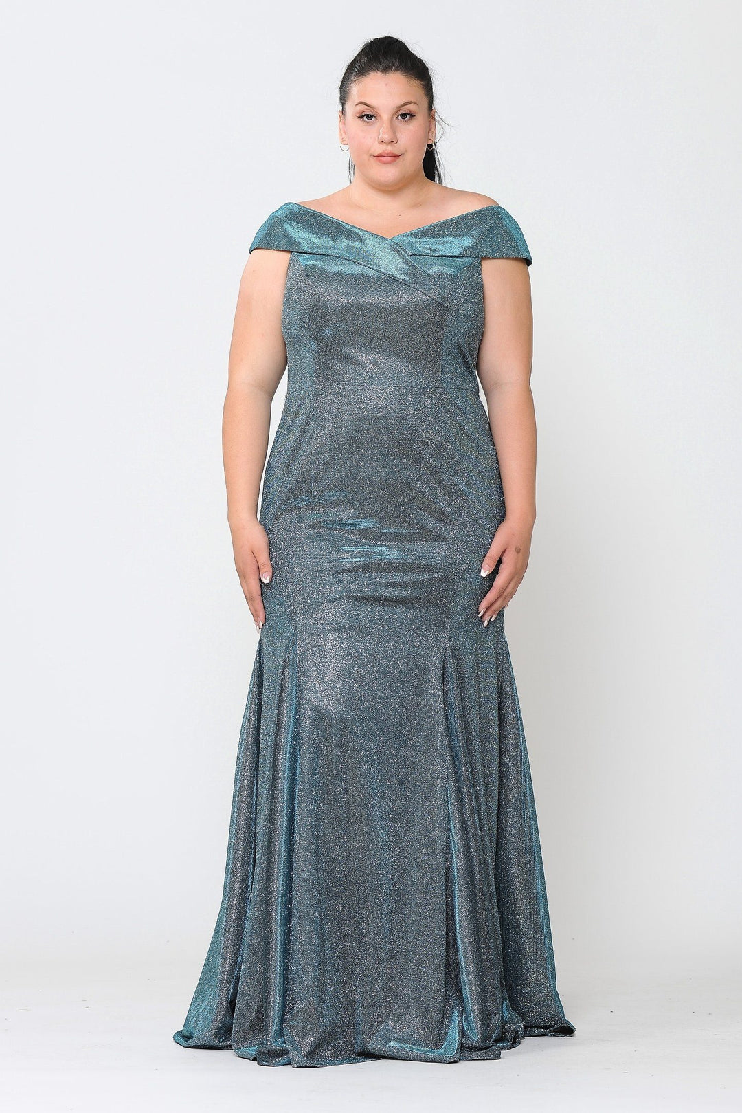 Plus Size Off Shoulder Glitter Mermaid Dress by Poly USA W1042