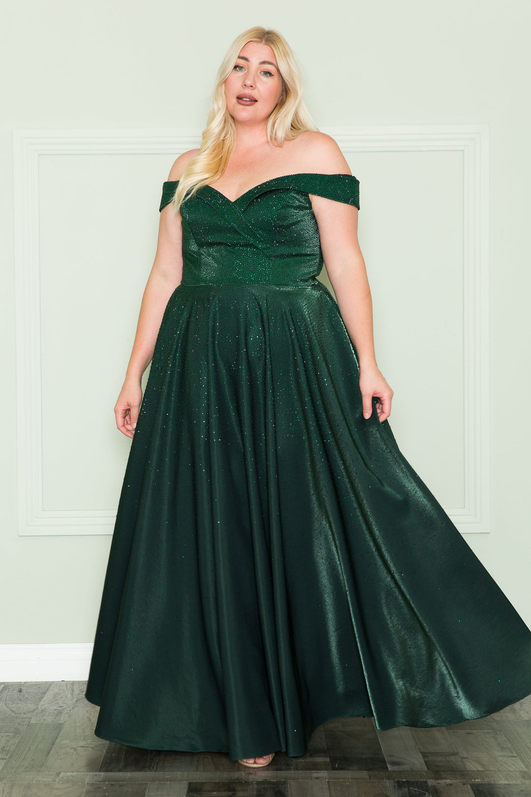 Plus Size Rhinestone Off Shoulder Gown by Poly USA W1112