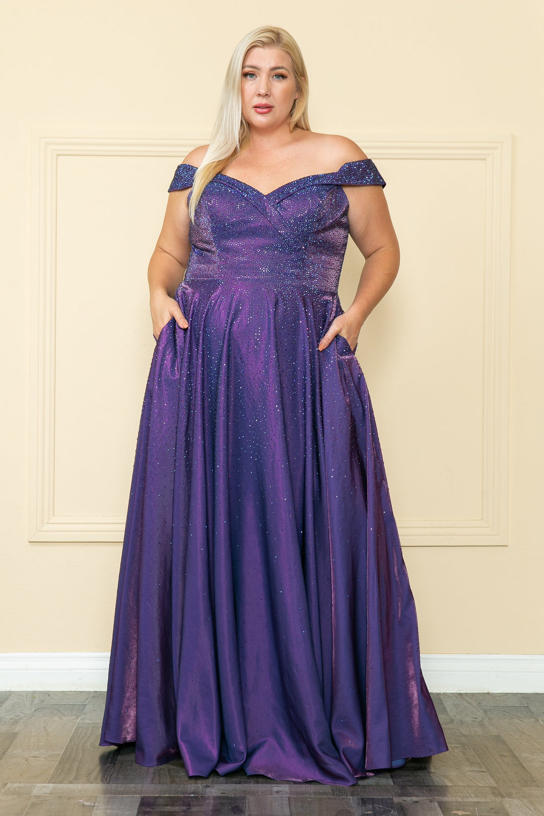 Plus Size Rhinestone Off Shoulder Gown by Poly USA W1112