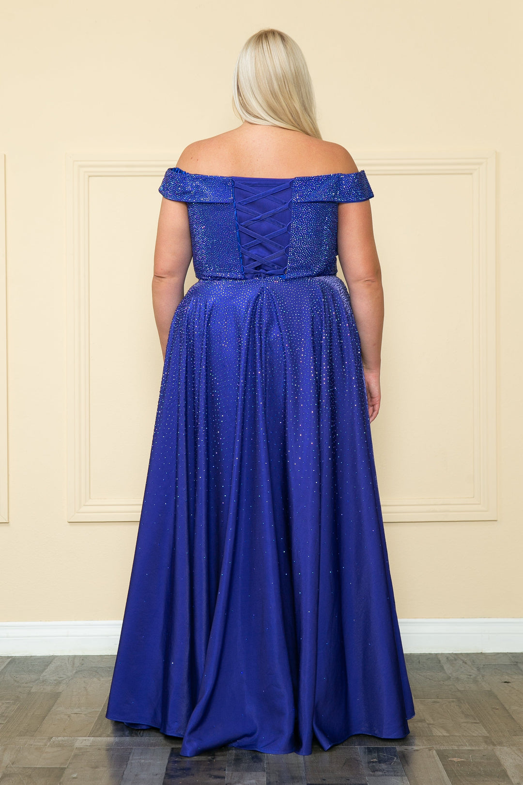 Plus Size Rhinestone Off Shoulder Gown by Poly USA W1112