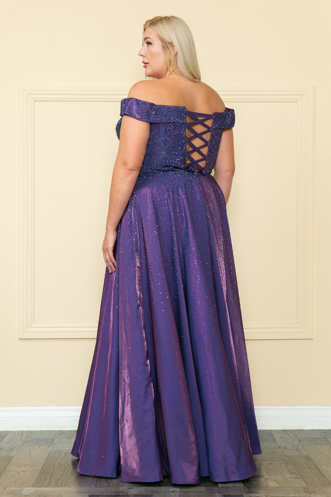 Plus Size Rhinestone Off Shoulder Gown by Poly USA W1112