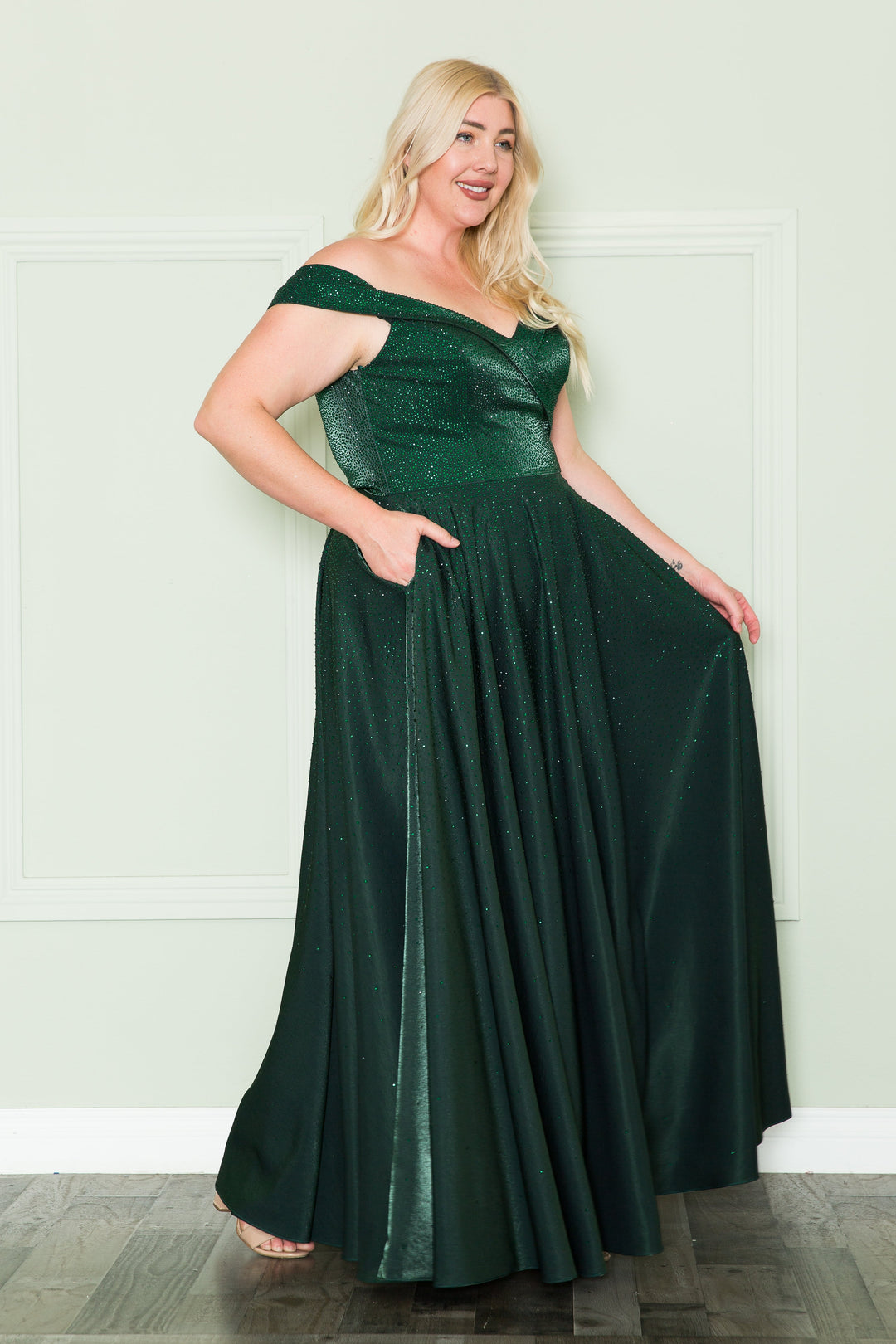 Plus Size Rhinestone Off Shoulder Gown by Poly USA W1112