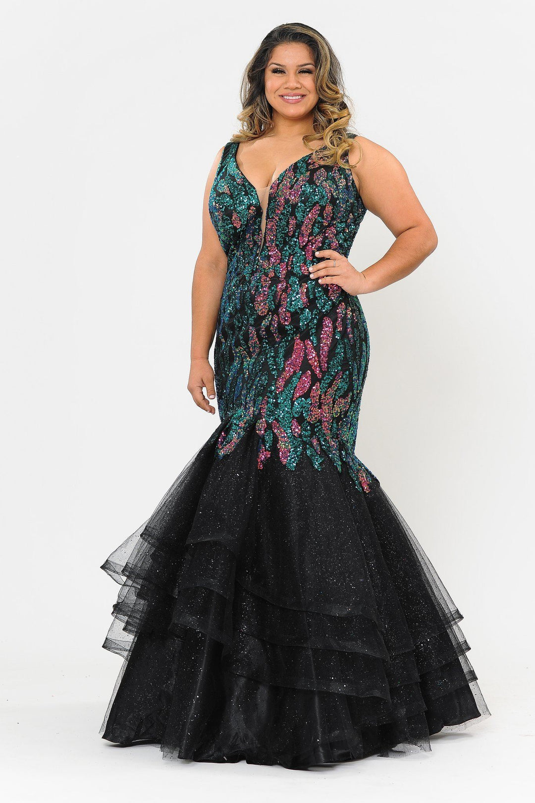 Plus Size Tiered Sequin Mermaid Dress by Poly USA W1072