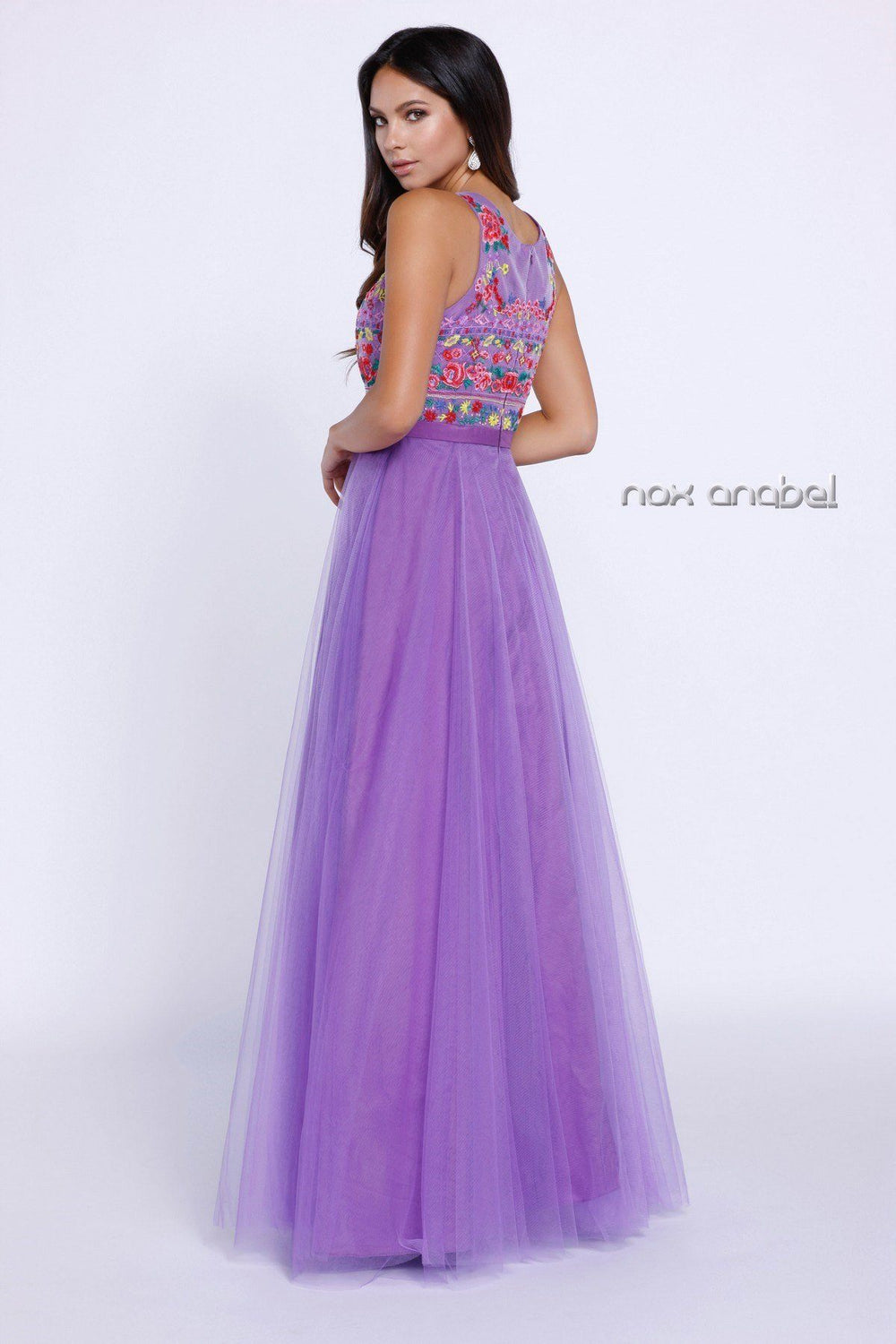 Purple Sleeveless Dress with Floral Embroidery by Nox Anabel 8263-Long Formal Dresses-ABC Fashion