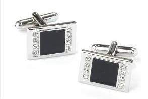 Rectangle Silver Cufflinks with Black Slate and Crystals-Men's Cufflinks-ABC Fashion