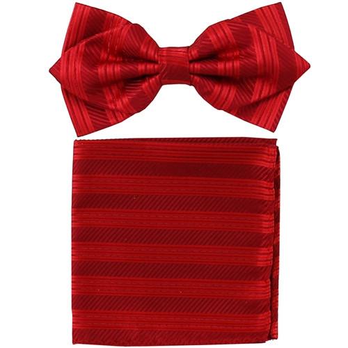Red Striped Bow Tie with Pocket Square (Pointed Tip)-Men's Bow Ties-ABC Fashion
