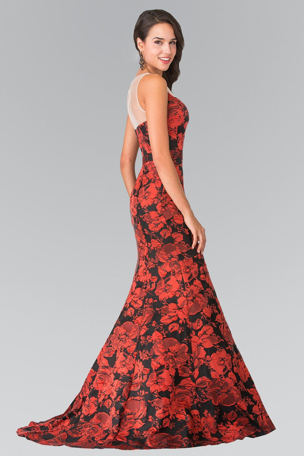 Red/Black Floral Print Dress with Sheer Neckline by Elizabeth K GL2246-Long Formal Dresses-ABC Fashion