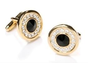 Round Gold Cufflinks with Black Stone and Clear Crystals-Men's Cufflinks-ABC Fashion