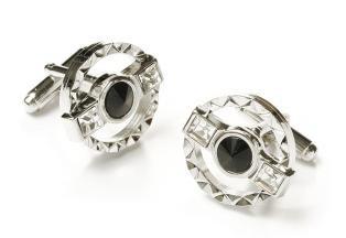 Round Silver Cufflinks with Black and Clear Crystals-Men's Cufflinks-ABC Fashion