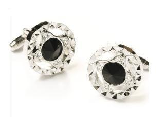 Round Silver Cufflinks with Black and Clear Crystals-Men's Cufflinks-ABC Fashion