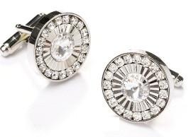 Round Silver Cufflinks with Clear Crystals-Men's Cufflinks-ABC Fashion