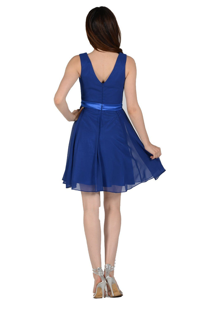 Royal Blue Short Knee Length Chiffon Dress by Poly USA-Short Cocktail Dresses-ABC Fashion