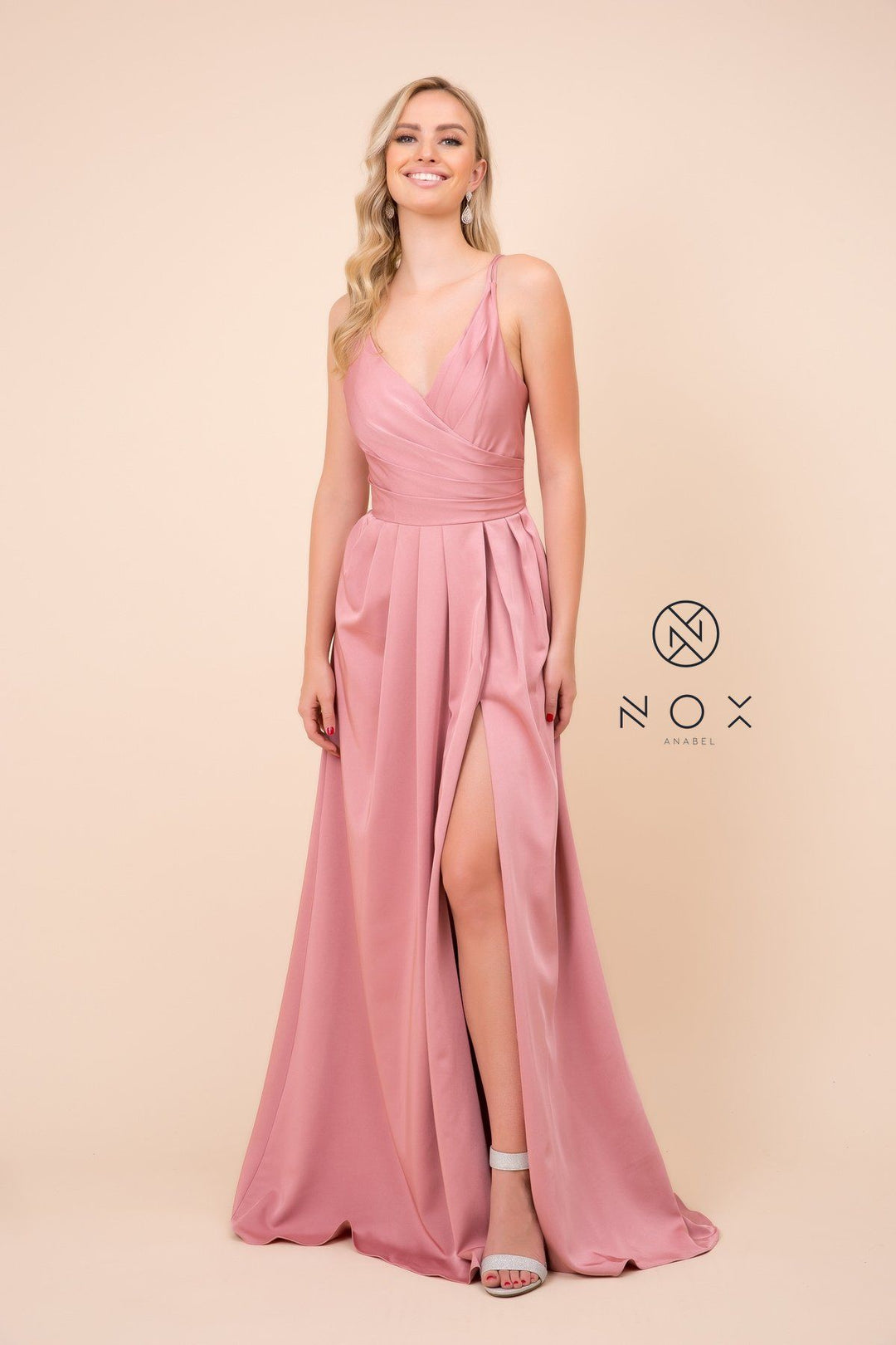 Ruched V-Neck Long Evening Gown by Nox Anabel 8347