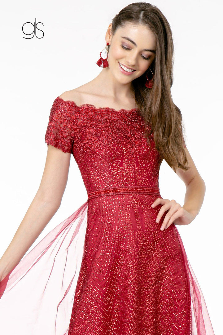 Embroidered Off Shoulder Glitter Gown by Elizabeth K GL2942