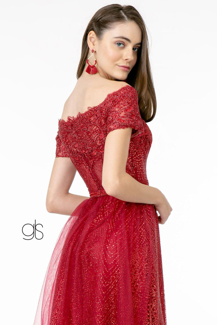 Embroidered Off Shoulder Glitter Gown by Elizabeth K GL2942
