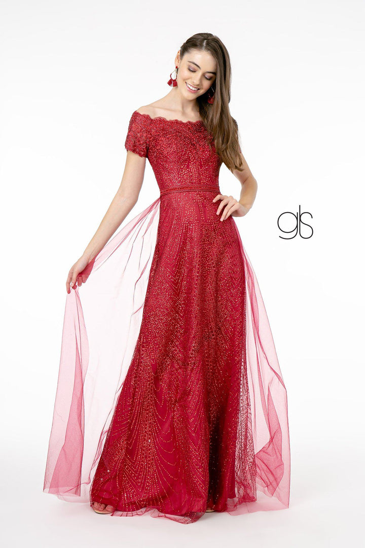Embroidered Off Shoulder Glitter Gown by Elizabeth K GL2942