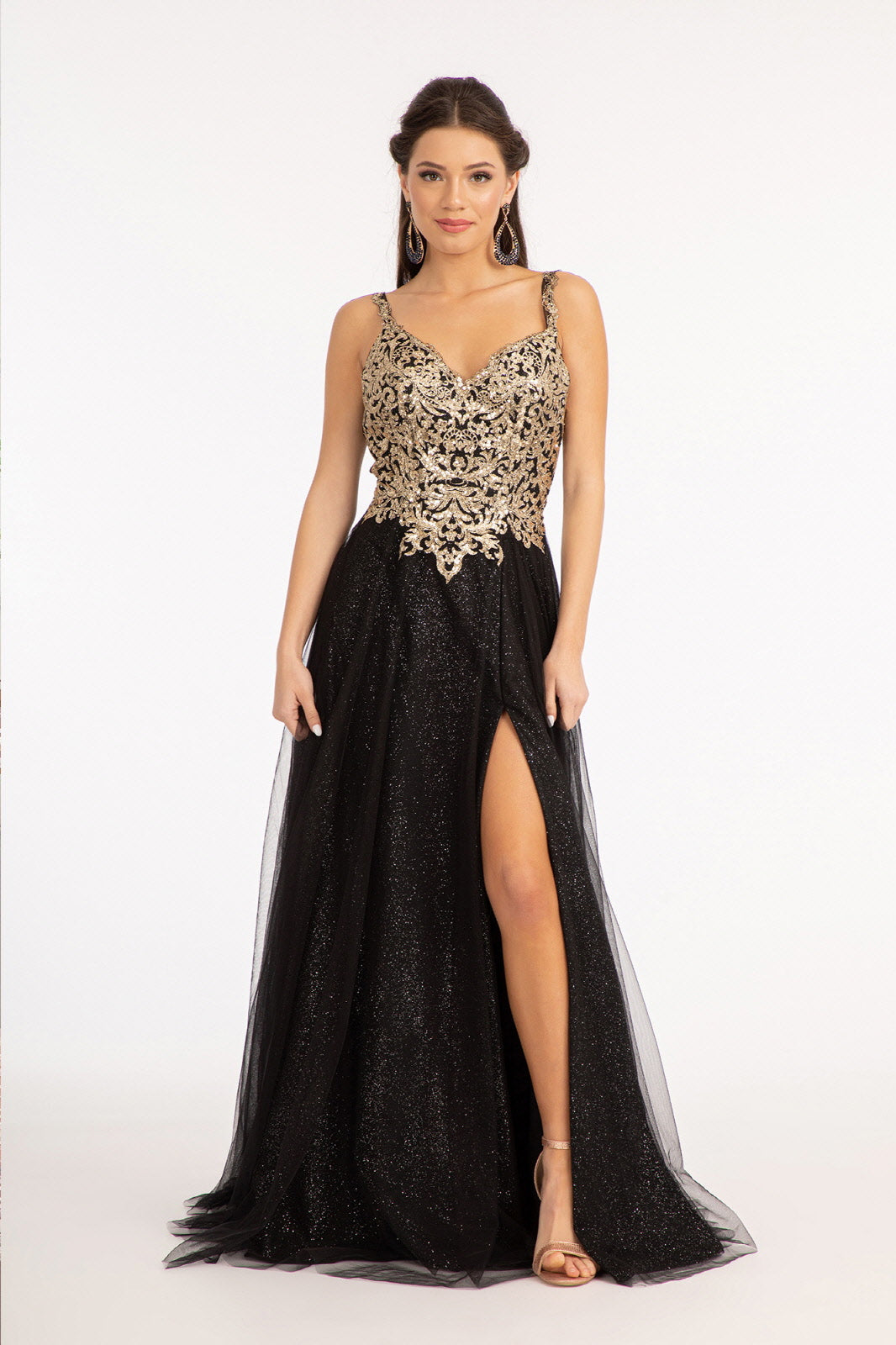 Sequin Bodice A Line Slit Gown by Elizabeth K GL3020 Xs Black
