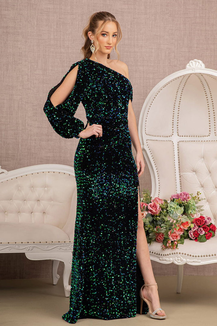 Sequin Fitted Long Sleeve Slit Gown by Elizabeth K GL3159