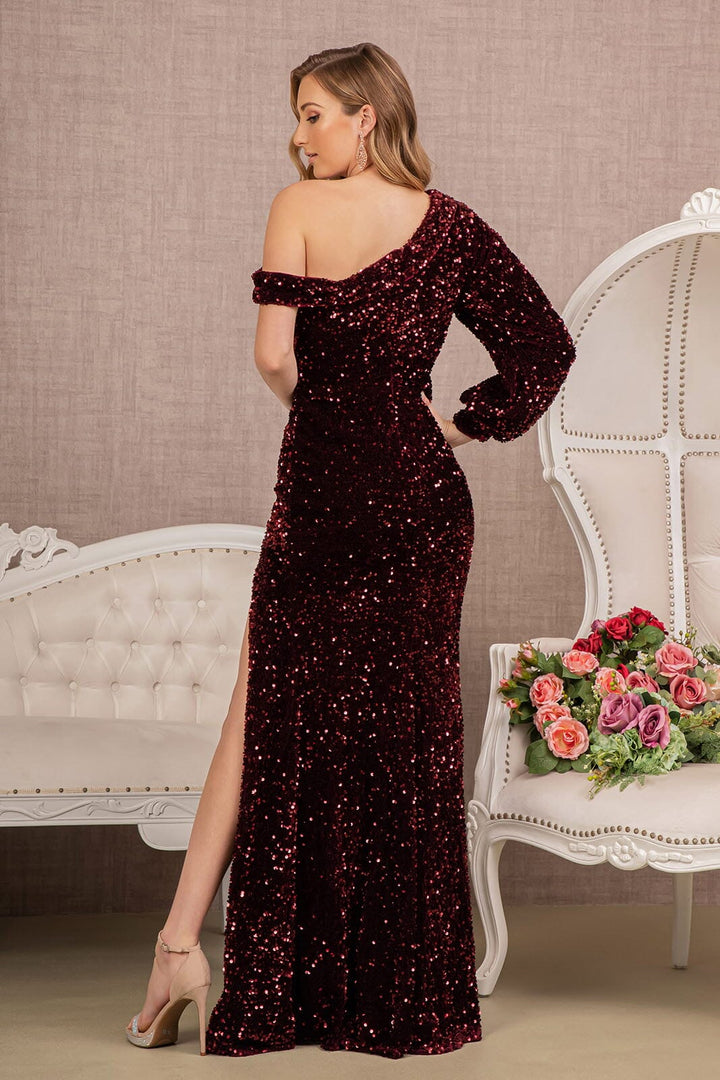 Sequin Fitted Long Sleeve Slit Gown by Elizabeth K GL3159