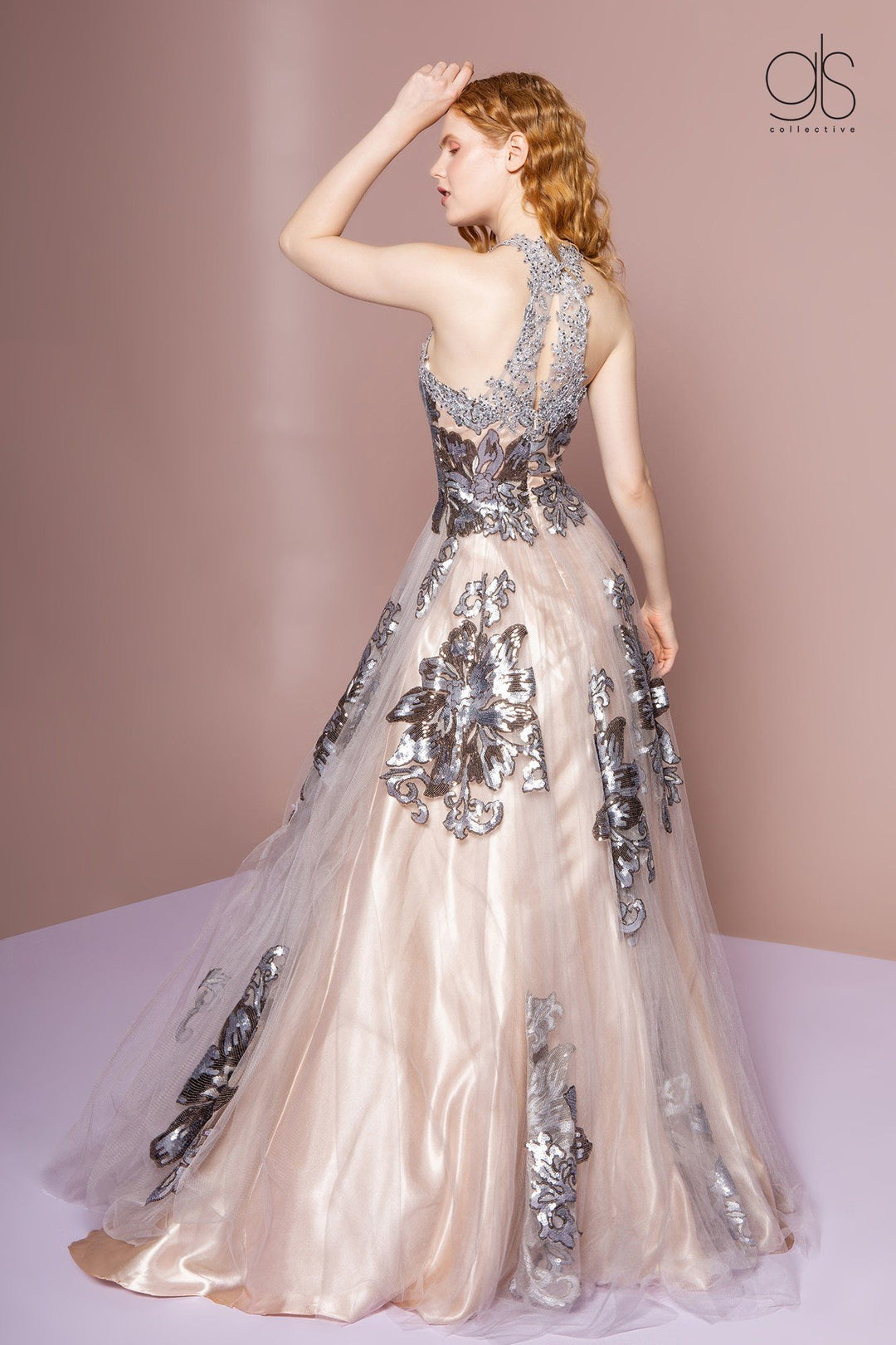 Sequin Floral Print Halter Evening Dress by GLS Gloria GL2655-Long Formal Dresses-ABC Fashion