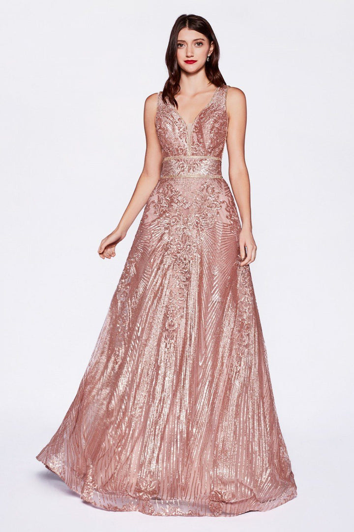 Sequin Print Long V-Neck Dress by Cinderella Divine CD09-Long Formal Dresses-ABC Fashion