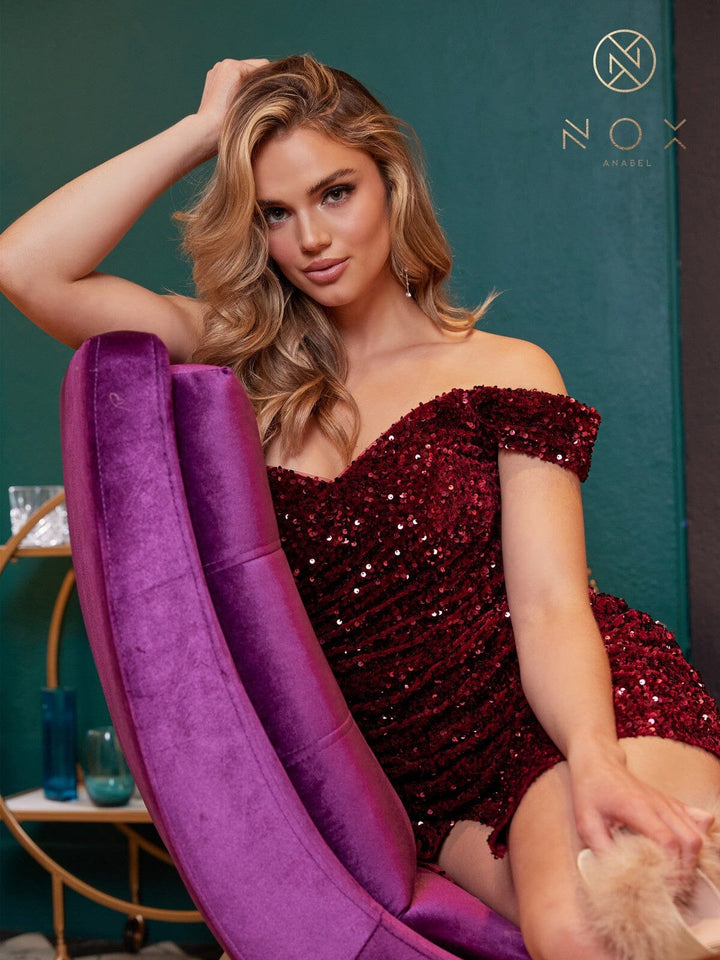 Sequin Short Off Shoulder Slit Dress by Nox Anabel R812