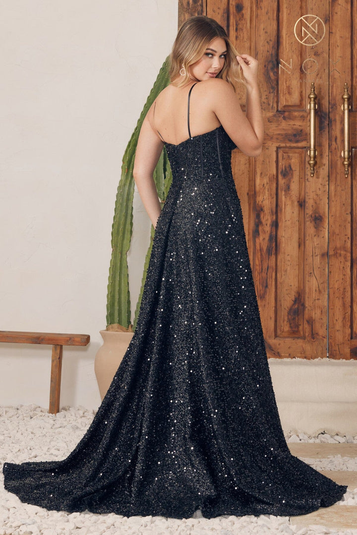 Sequin Sleeveless Corset Slit Gown by Nox Anabel A1241