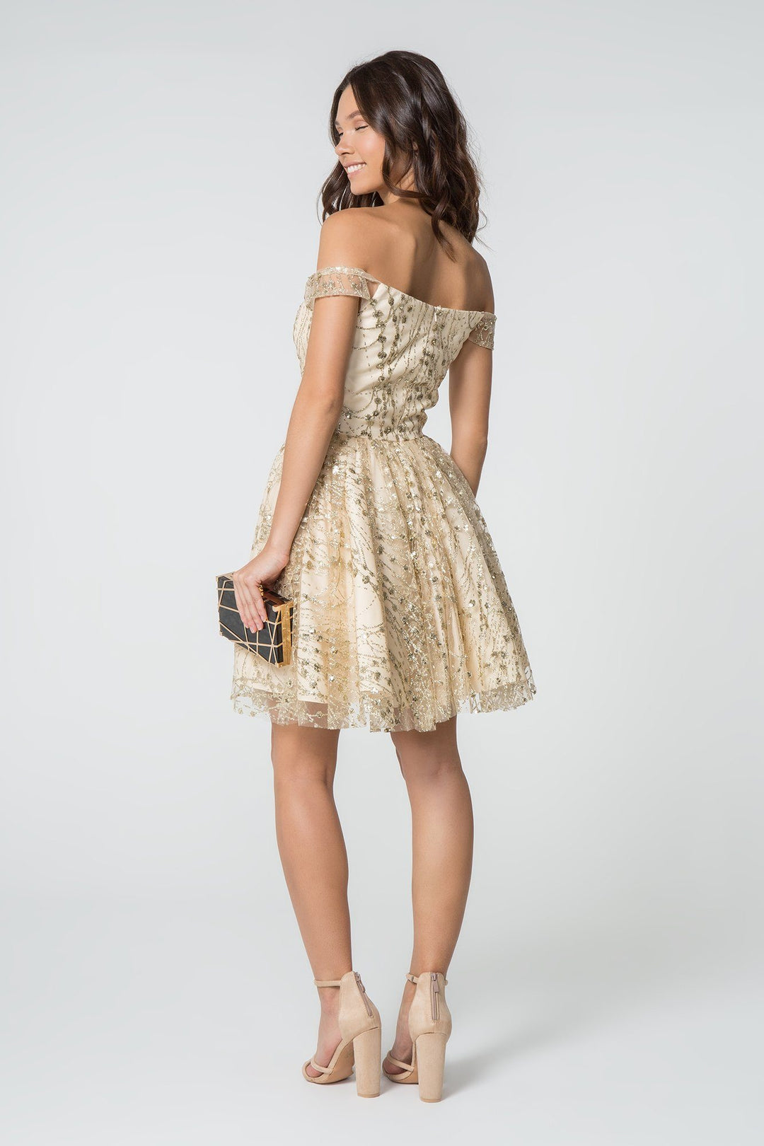 Sequined Short Off Shoulder Glitter Dress by Elizabeth K GS2833-Short Cocktail Dresses-ABC Fashion