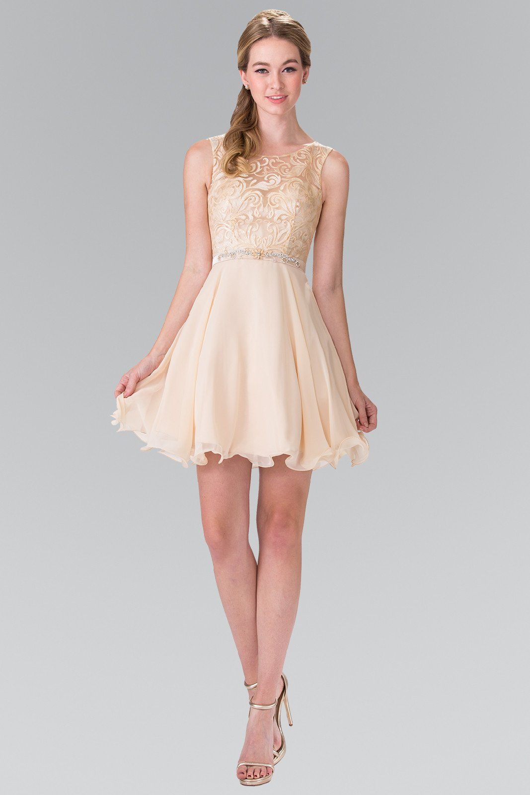 Short A Line Chiffon Dress with Lace Bodice by Elizabeth K GS2314-Short Cocktail Dresses-ABC Fashion