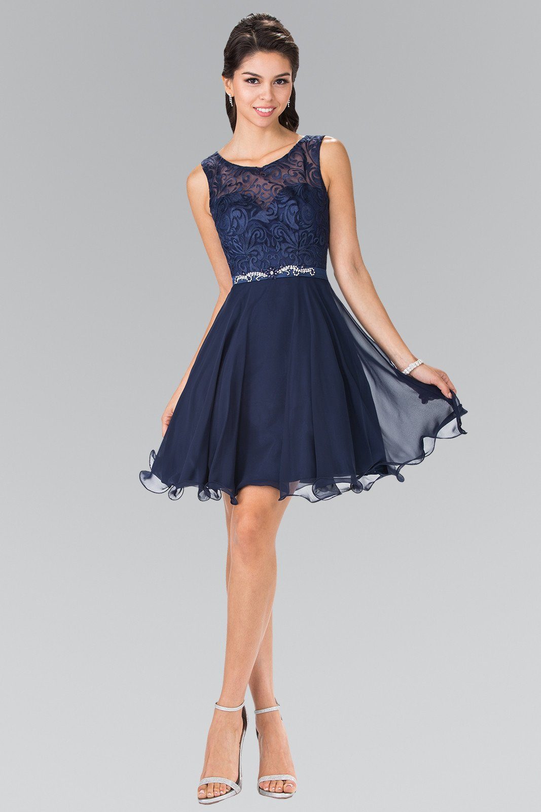 Short A Line Chiffon Dress with Lace Bodice by Elizabeth K GS2314-Short Cocktail Dresses-ABC Fashion
