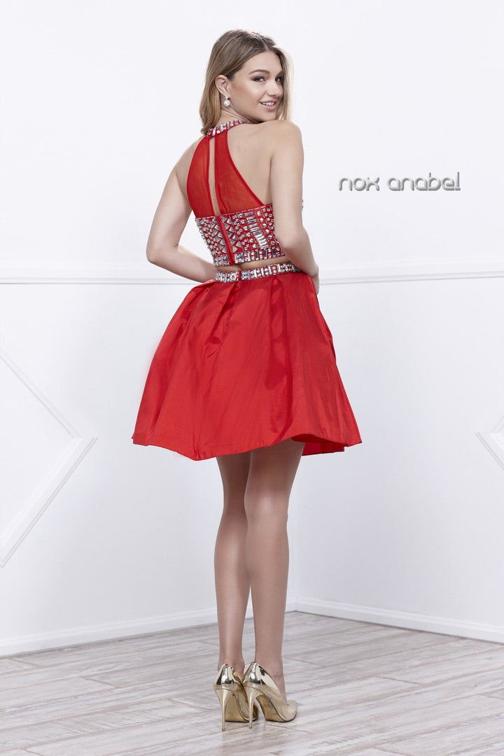 Short Beaded Halter Crop Top Dress by Nox Anabel 6053-Short Cocktail Dresses-ABC Fashion