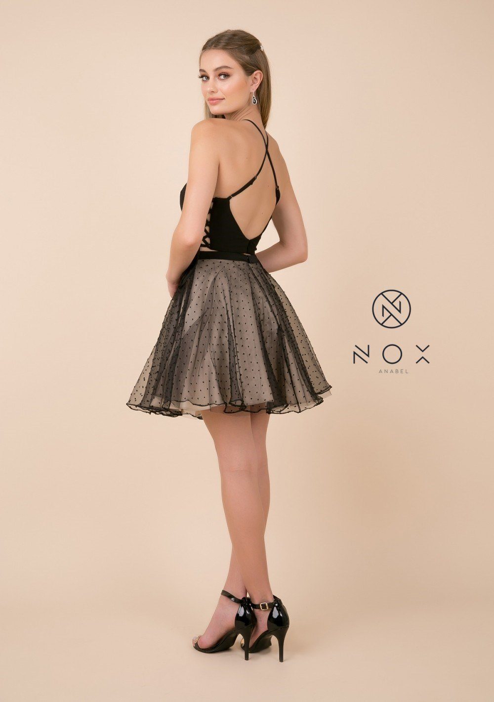 Short Black Two-Piece Dress with Polka Dot Skirt by Nox Anabel M659-Short Cocktail Dresses-ABC Fashion