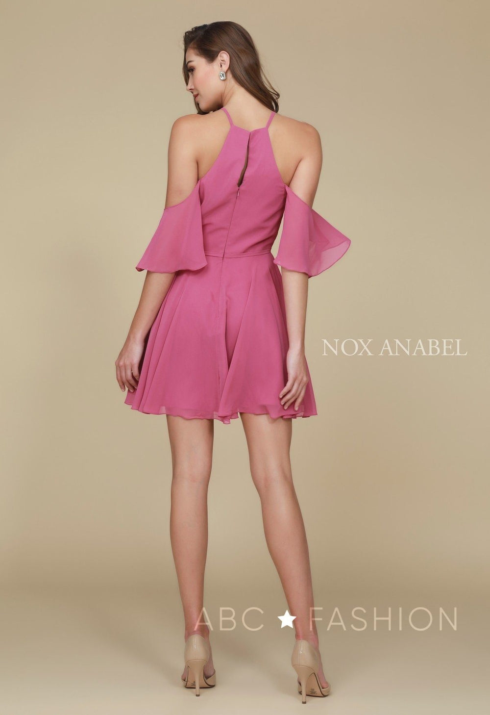 Short Cold Shoulder Dress with Flutter Sleeves by Nox Anabel T667-Short Cocktail Dresses-ABC Fashion