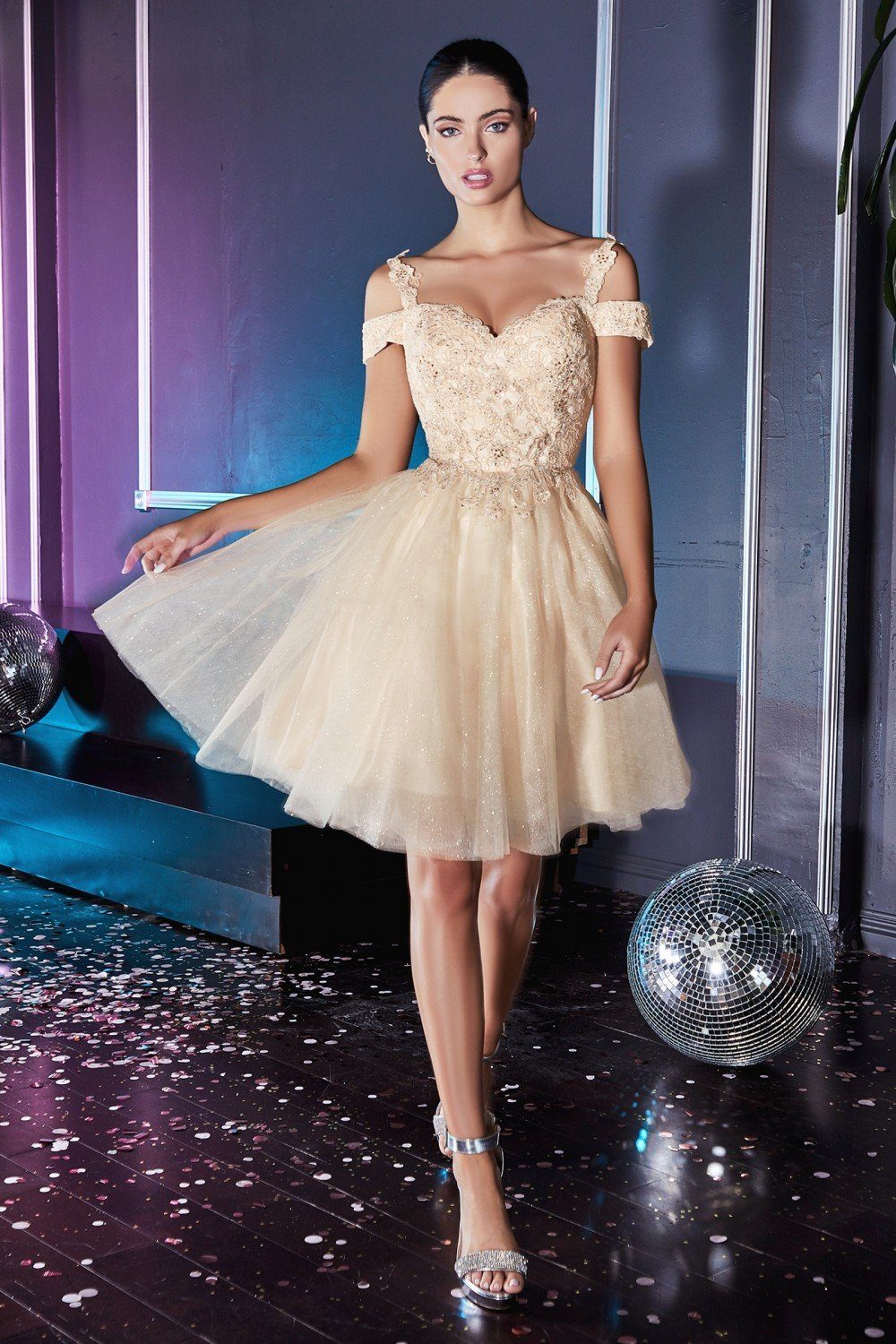 Short Cold Shoulder Glitter Dress by Cinderella Divine CD0132 ABC Fashion Short Cold Shoulder Glitter Dress by Cinderella Divine CD0132 ABC Fashion