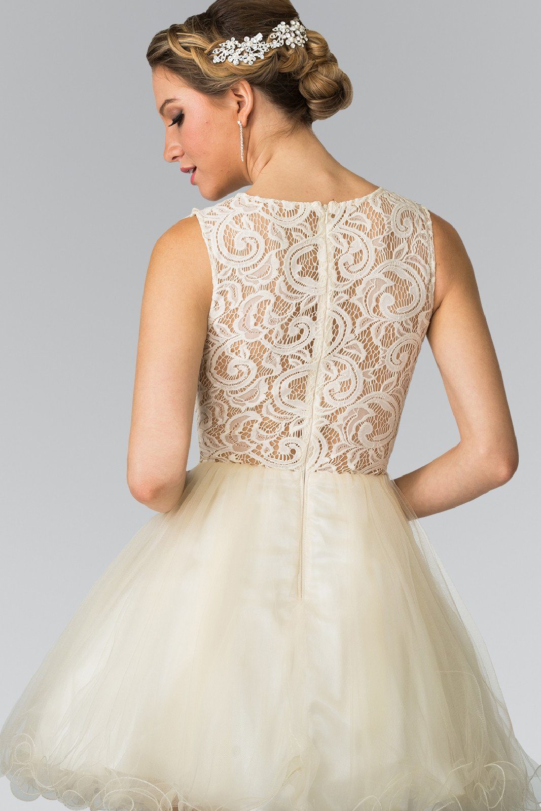 Short Dress with Lace Bodice and Sheer Waistline by Elizabeth K GS1427-Short Cocktail Dresses-ABC Fashion