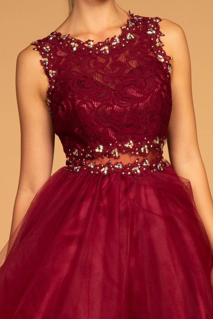 Short Dress with Lace Bodice and Sheer Waistline by Elizabeth K GS1427